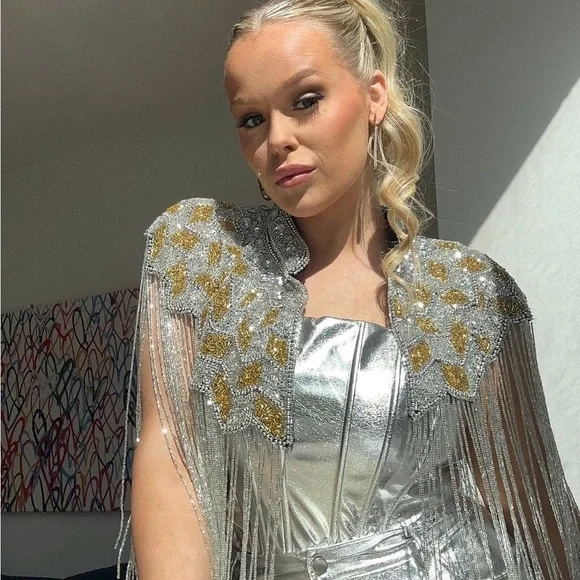 Silver and gold hand beaded fringe capelet O/S - Picture 7 of 8